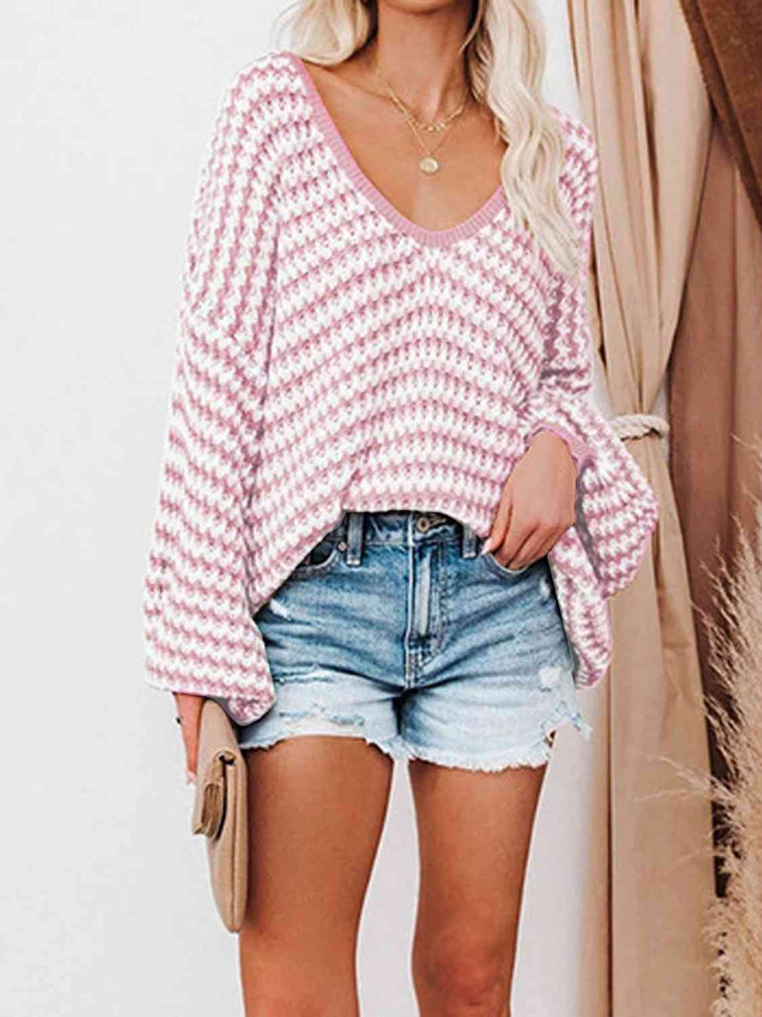 Striped Drop Shoulder V-Neck Sweater-Slay Eclectic