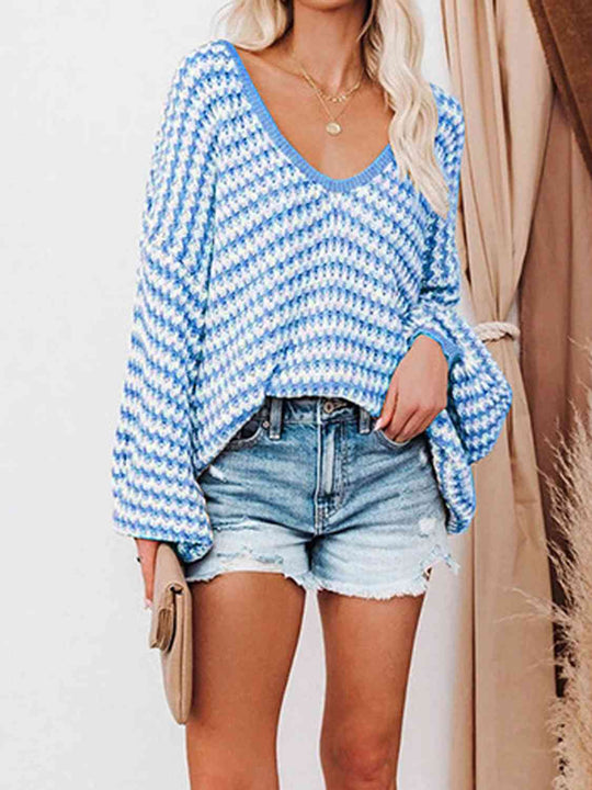 Striped Drop Shoulder V-Neck Sweater-Slay Eclectic