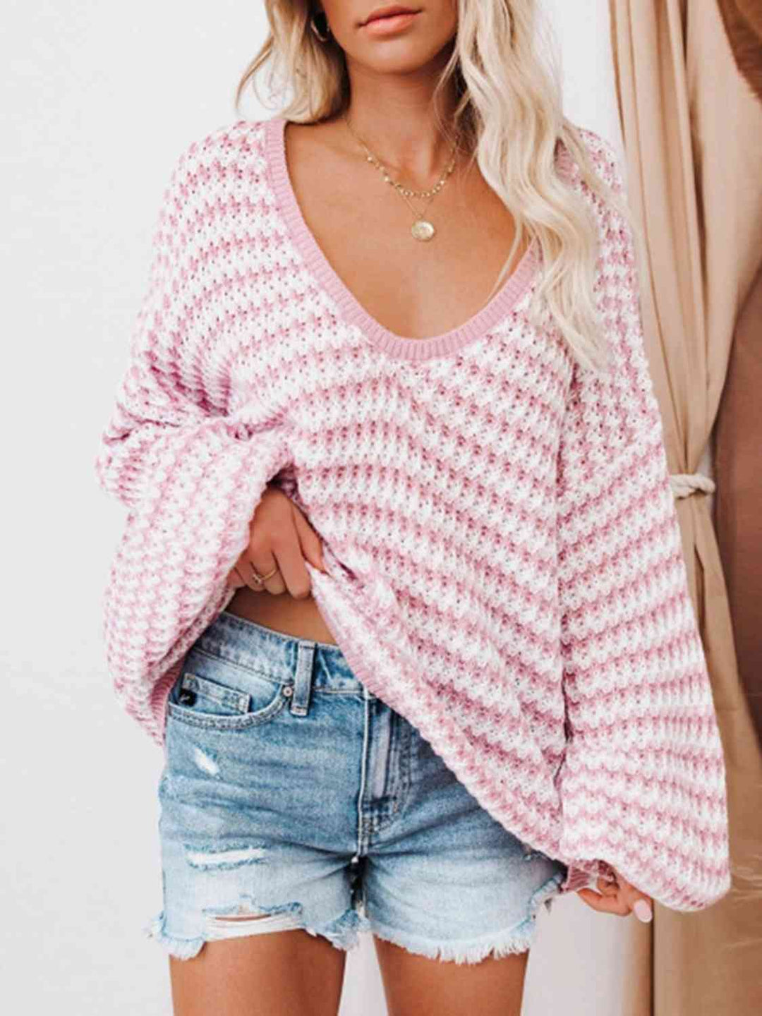 Striped Drop Shoulder V-Neck Sweater-Slay Eclectic