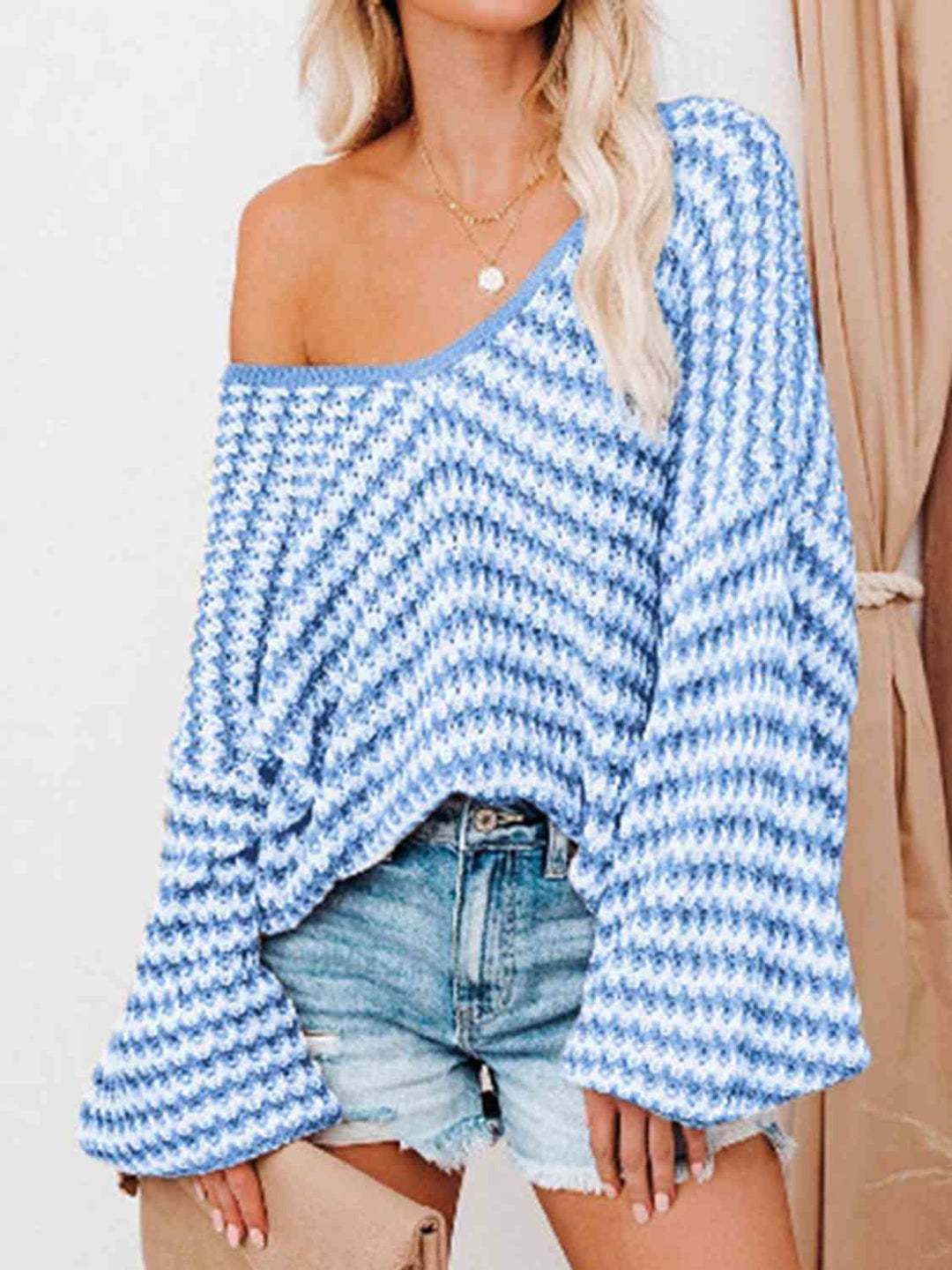 Striped Drop Shoulder V-Neck Sweater-Slay Eclectic