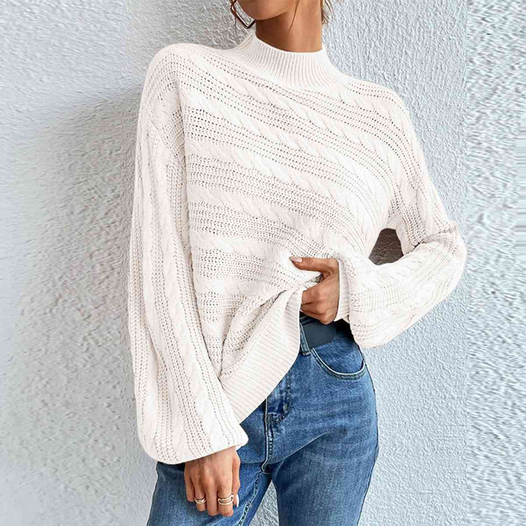 Stripped Top Cable-Knit Mock Neck Long Sleeve Sweater-Slay Eclectic