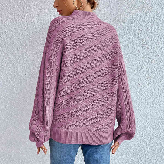 Stripped Top Cable-Knit Mock Neck Long Sleeve Sweater-Slay Eclectic