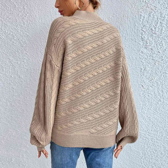 Stripped Top Cable-Knit Mock Neck Long Sleeve Sweater-Slay Eclectic