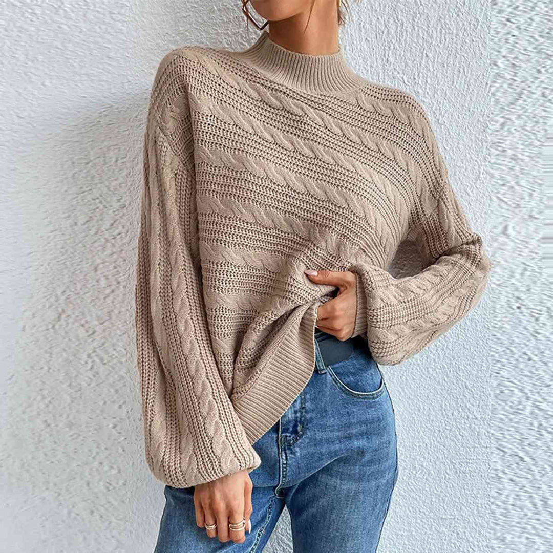 Stripped Top Cable-Knit Mock Neck Long Sleeve Sweater-Slay Eclectic