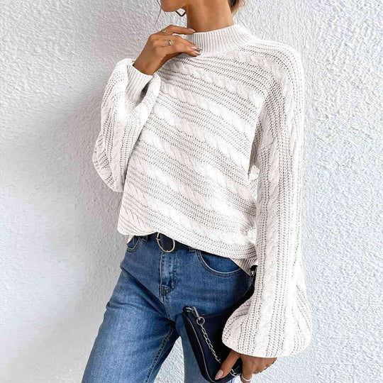 Stripped Top Cable-Knit Mock Neck Long Sleeve Sweater-Slay Eclectic