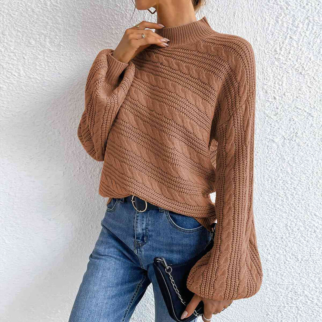 Stripped Top Cable-Knit Mock Neck Long Sleeve Sweater-Slay Eclectic