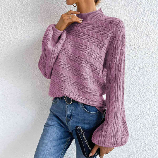 Stripped Top Cable-Knit Mock Neck Long Sleeve Sweater-Slay Eclectic