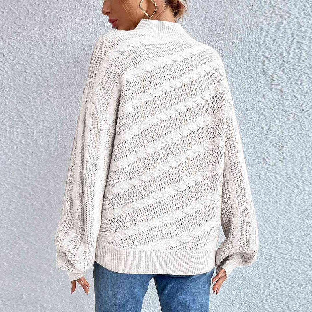 Stripped Top Cable-Knit Mock Neck Long Sleeve Sweater-Slay Eclectic