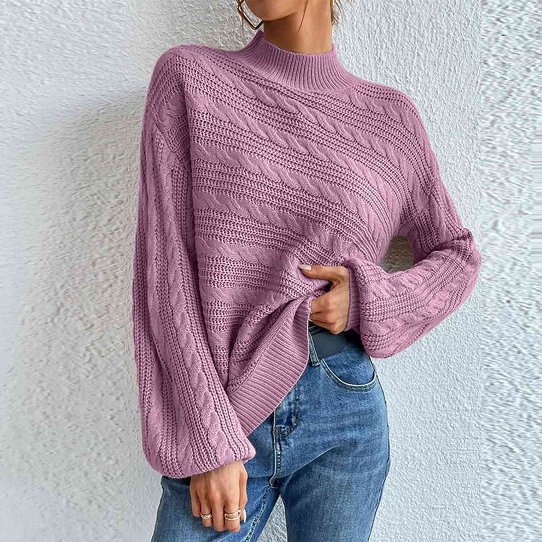 Stripped Top Cable-Knit Mock Neck Long Sleeve Sweater-Slay Eclectic