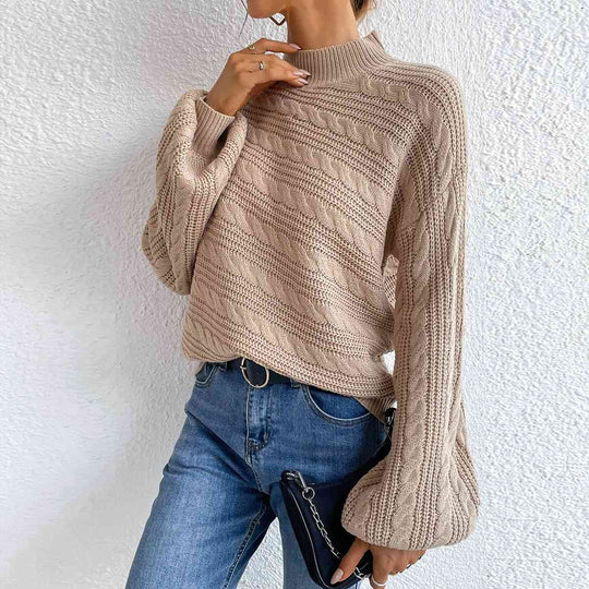 Stripped Top Cable-Knit Mock Neck Long Sleeve Sweater-Slay Eclectic