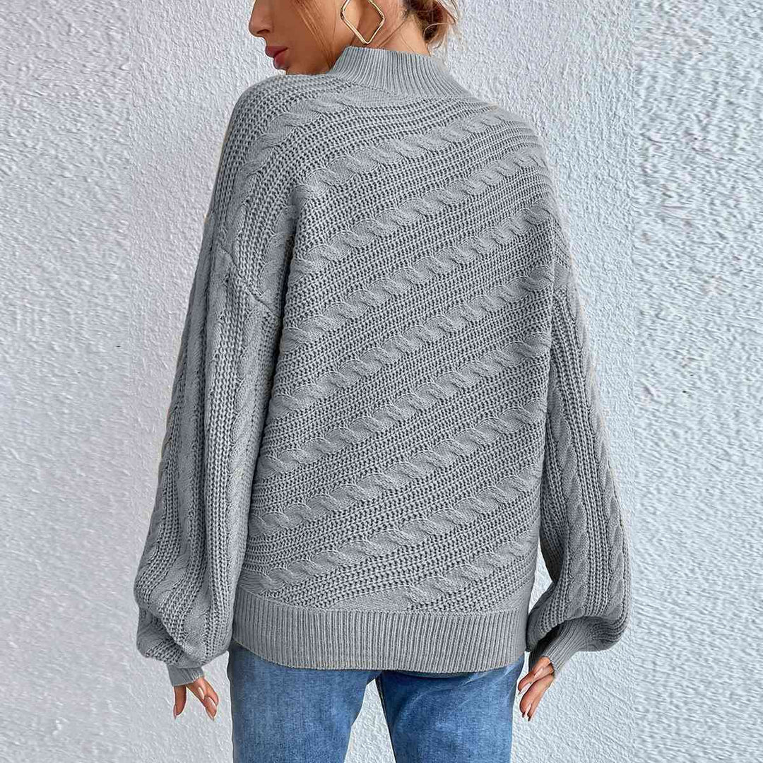 Stripped Top Cable-Knit Mock Neck Long Sleeve Sweater-Slay Eclectic