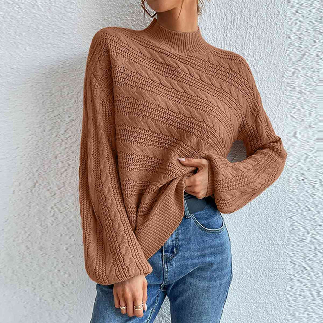 Stripped Top Cable-Knit Mock Neck Long Sleeve Sweater-Slay Eclectic