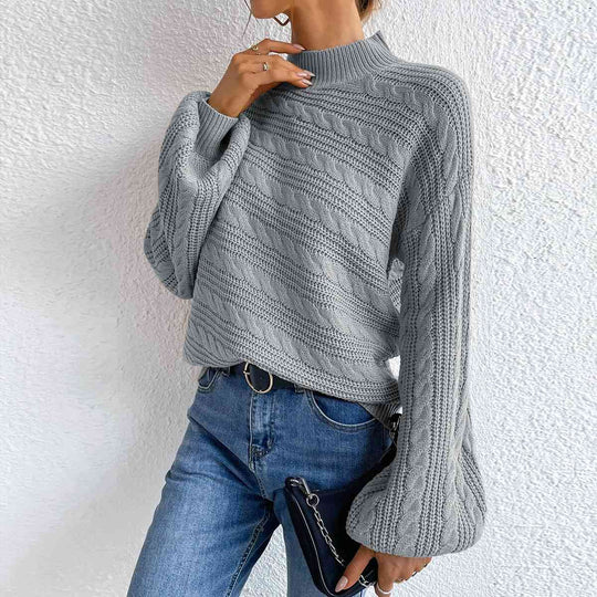 Stripped Top Cable-Knit Mock Neck Long Sleeve Sweater-Slay Eclectic