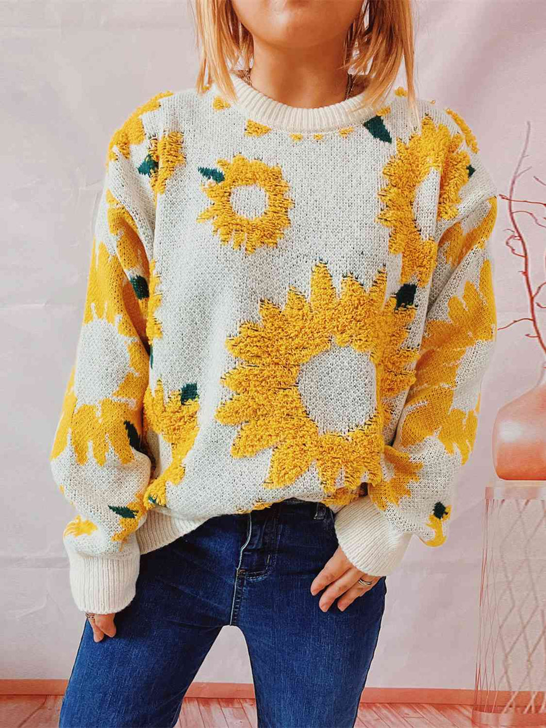 Sunflower Dropped Shoulder Long Sleeve Sweater-Slay Eclectic