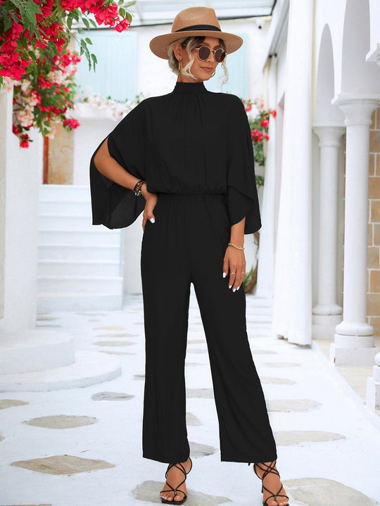 Sway in Style Mock Neck Split Sleeve Jumpsuit - Black-Slay Eclectic