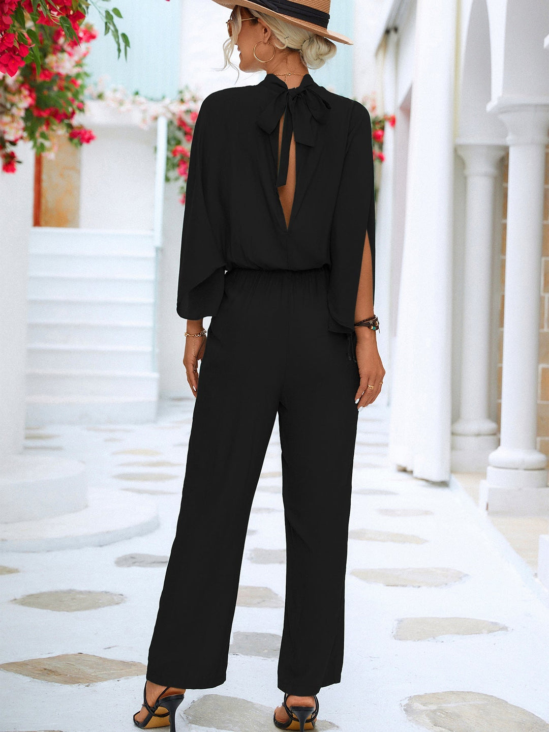 Sway in Style Mock Neck Split Sleeve Jumpsuit - Black-Slay Eclectic