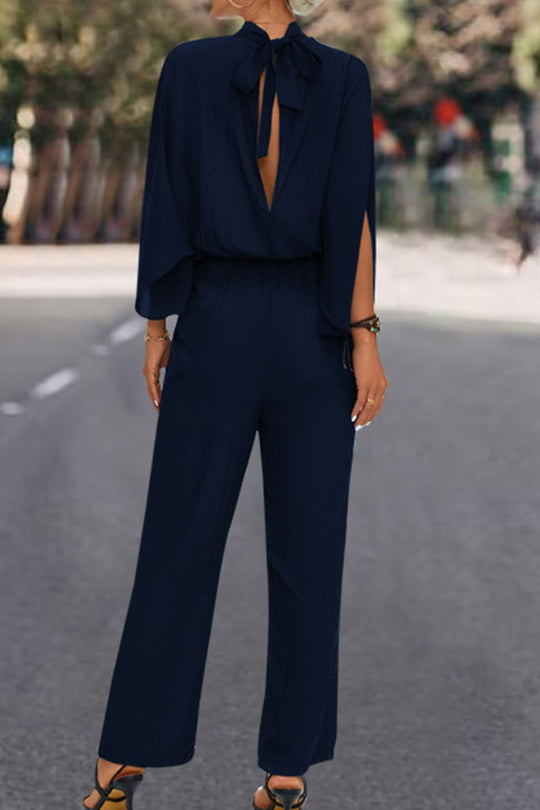 Sway in Style Mock Neck Split Sleeve Jumpsuit - Dark Navy Blue-Slay Eclectic