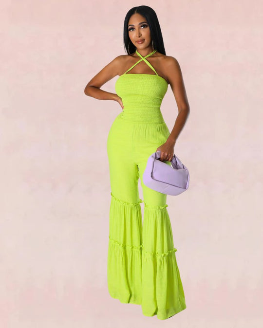 Swaying Ruffle Backless Halter Jumpsuit - Light Green-Slay Eclectic