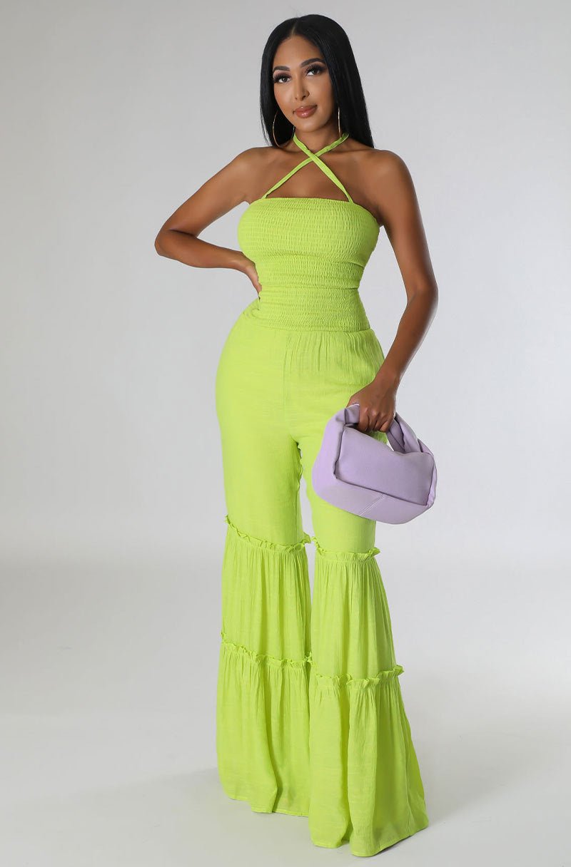 Swaying Ruffle Backless Halter Jumpsuit - Light Green-Slay Eclectic