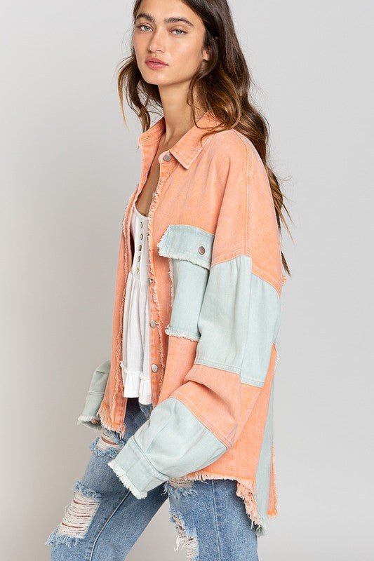 Trendy Colorblock Shacket with Frayed Hem - Slay Eclectic