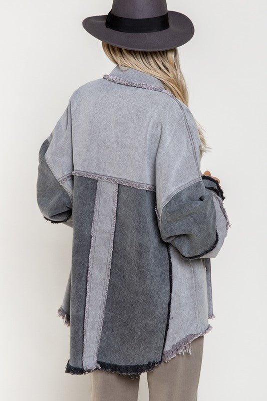 Trendy Colorblock Shacket with Frayed Hem - Slay Eclectic