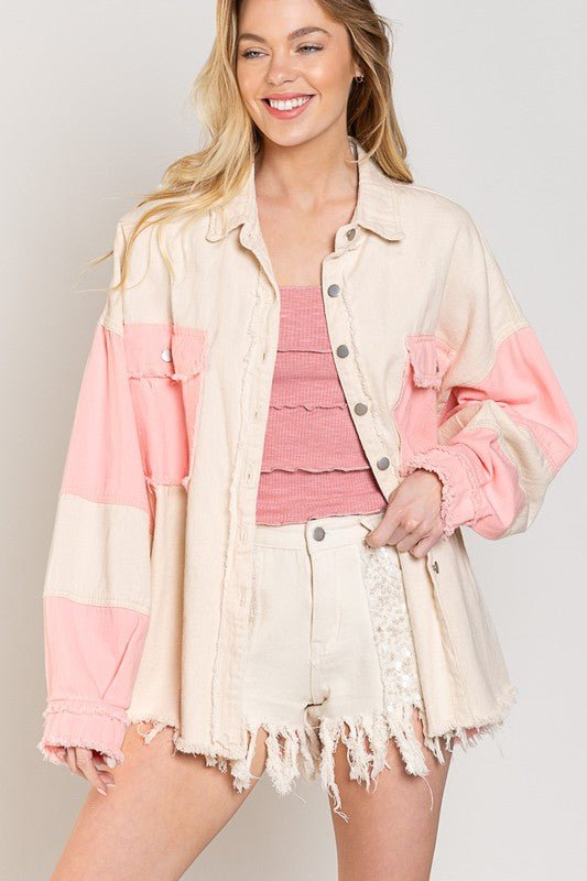 Trendy Colorblock Shacket with Frayed Hem - Slay Eclectic