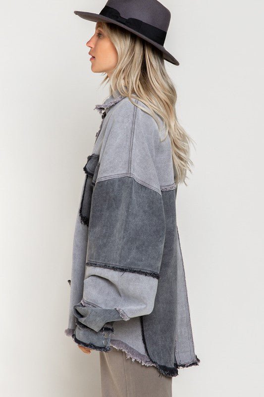 Trendy Colorblock Shacket with Frayed Hem - Slay Eclectic