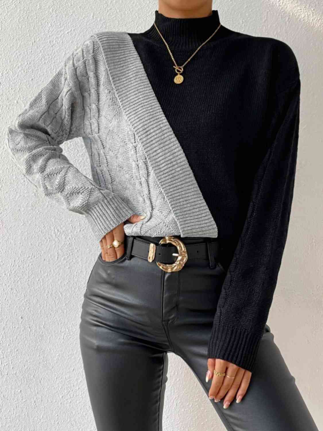 Two Tone Long Sleeve Mock Neck Cable-Knit Sweater | Slay Eclectic