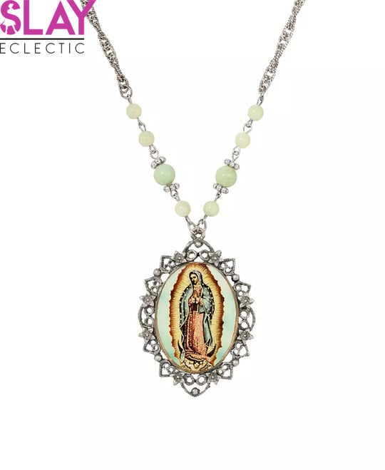 Spiritual Elegance: Our Lady Of Guadalupe Enamel Necklace With Green Beads