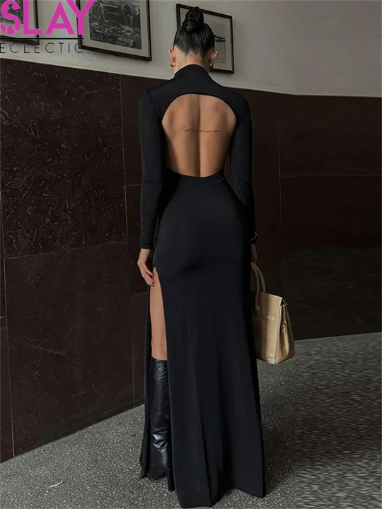 Black Backless Slim Long Dress for Women High Split Fashion Long Sleeve Patchwork Party Dress Ladies Elegant Maxi Dress