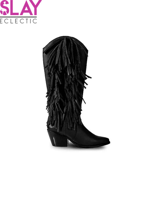 Chic Black Knee-High Leather Boots with Stylish Side Fringe-Slay Eclectic