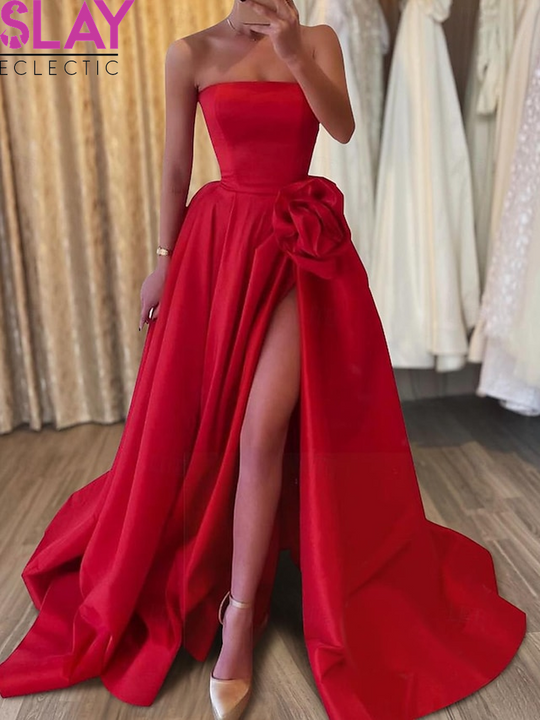 TS A-Line Evening Gown Elegant Dress Carnival Formal Floor Length Sleeveless Strapless Satin with Appliques 2025