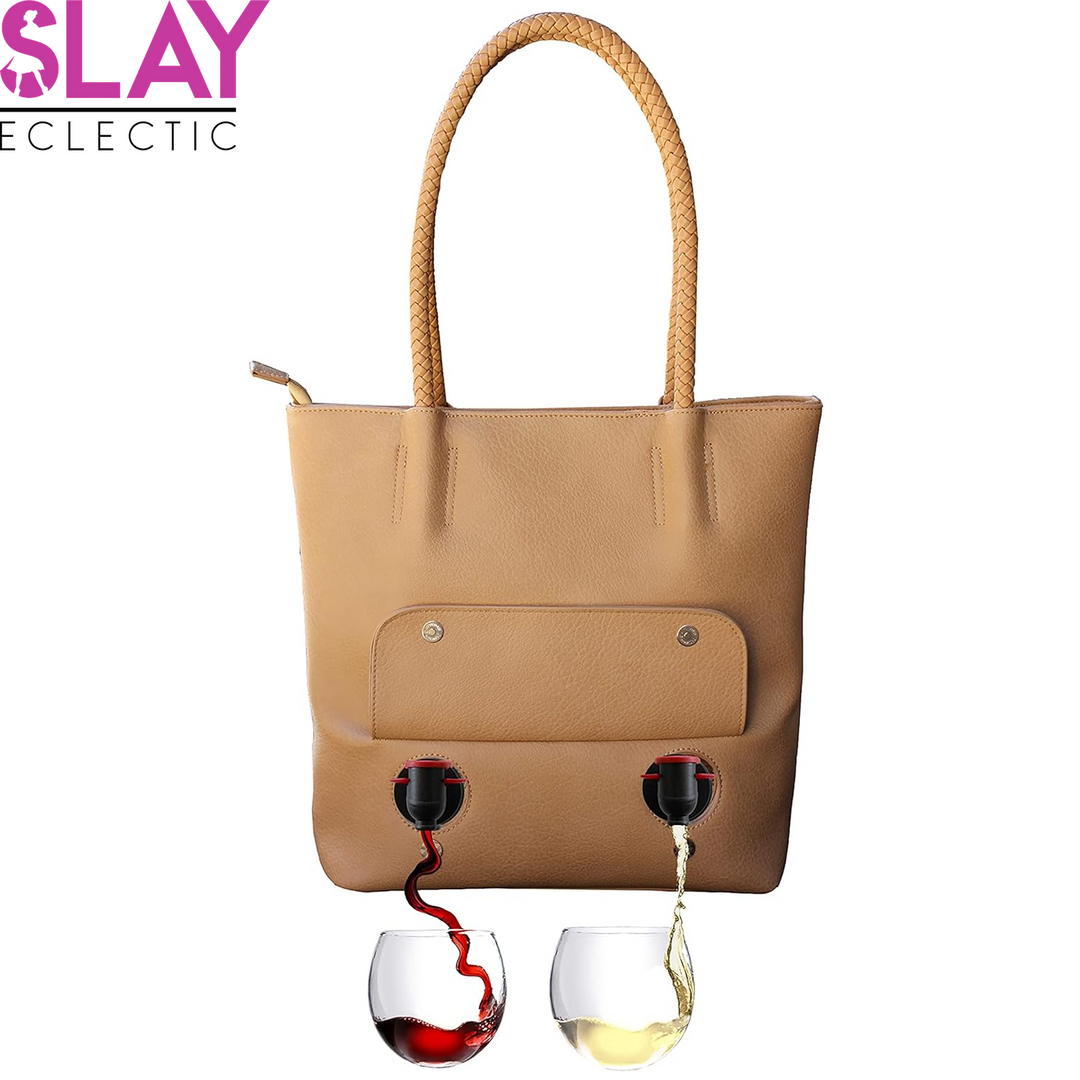 Vegan Leather Tote Bag with Hidden Insulated Flask Compartment and Dispenser with Spout That Holds 2 Bottles of Wine 1.5L (50Oz)! Perfect for Traveling, Concerts, Bachelorette Party!