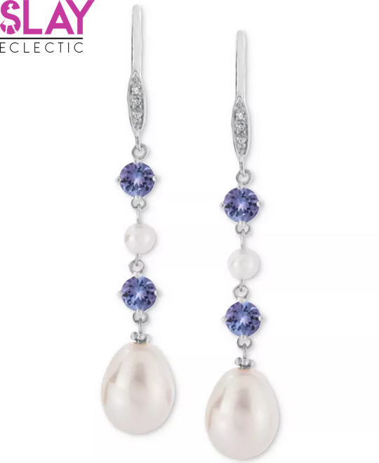 Tanzanite (1 Ct. T.W.), Cultured Freshwater Pearl (3Mm, 10X7Mm) & Diamond Accent Linear Drop Earrings in Sterling Silver