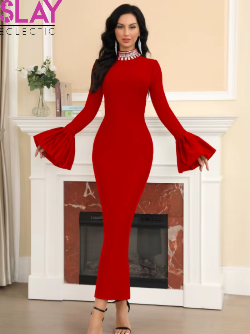 Women Celebrity Sexy Long Sleeve Puff Beading Rhinestone Maxi Long Bandage Dress 2024 Knitted Elegant Evening Club Party Dress