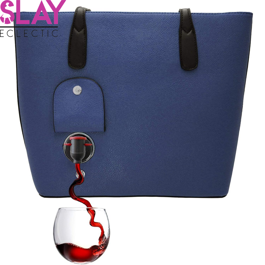 Classic Tote Bag - Vegan Leather Wine Purse with Hidden Spout and Dispenser Flask for Wine Lovers That Holds and Pours 2 Bottles of Wine! Traveling, Concert, Bachelorette Party - Aubergine