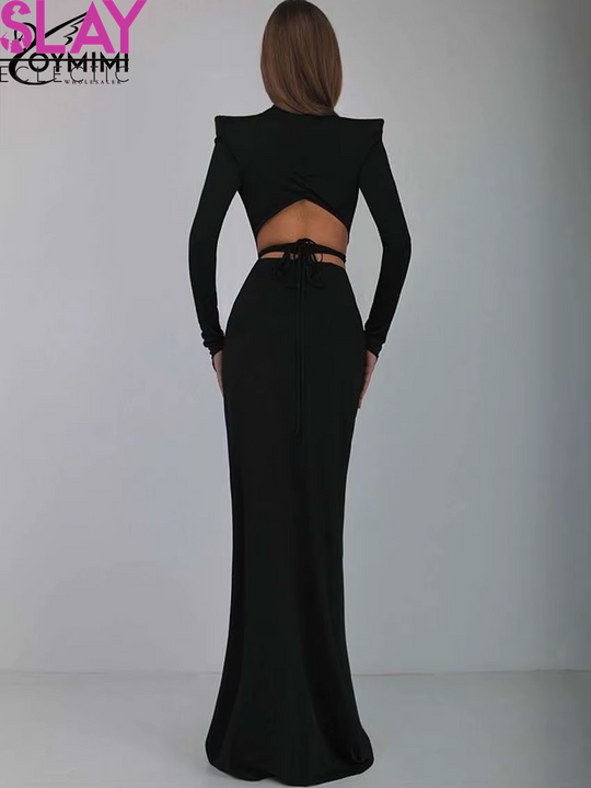 Oymimi Elegant Black Slim 2 Piece Sets Women Outfit Sexy Long Sleeve Lace-Up Open Back Bodysuit + Floor-Length Mermaid Skirt Set