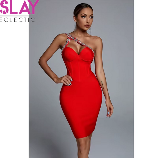 Summer Sleeveless Backless Diamond One Shoulder Diamond Mini Bandage Bodycon Celebrity Nightclub Party Women'S Sling Dresses