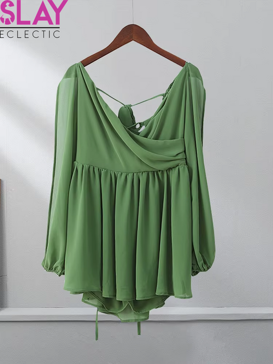 Women Sexy Chiffon Green Ruffles Split Dress V-Neck Long Sleeve a Line Mini Dresses 2025 Female Holiday Beach Vacation Vestidos