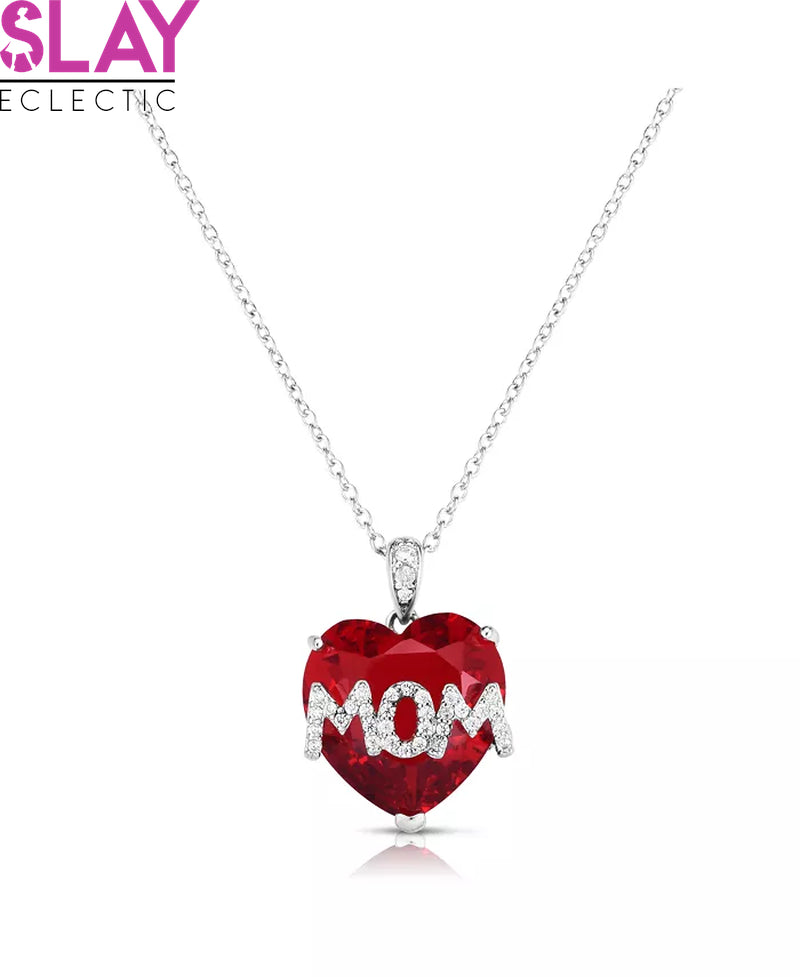 Heartfelt Simulated Ruby Mom Pendant In Silver Tone