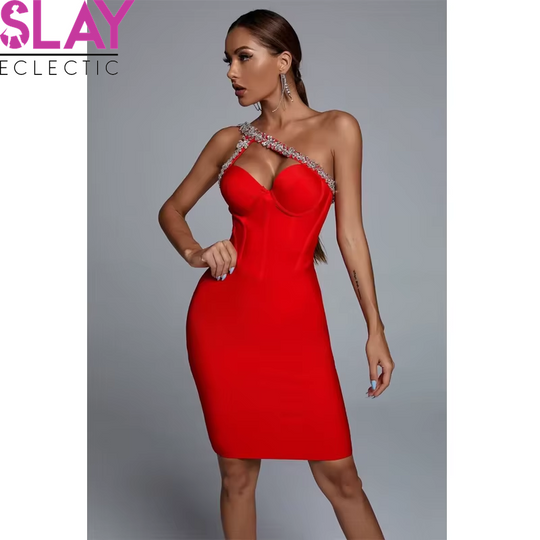 Summer Sleeveless Backless Diamond One Shoulder Diamond Mini Bandage Bodycon Celebrity Nightclub Party Women'S Sling Dresses