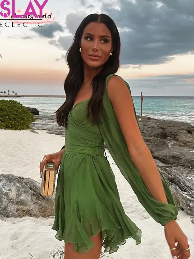 Women Sexy Chiffon Green Ruffles Split Dress V-Neck Long Sleeve a Line Mini Dresses 2025 Female Holiday Beach Vacation Vestidos