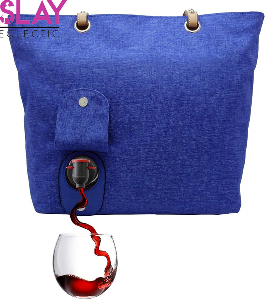 Classic Tote Bag - Vegan Leather Wine Purse with Hidden Spout and Dispenser Flask for Wine Lovers That Holds and Pours 2 Bottles of Wine! Traveling, Concert, Bachelorette Party - Aubergine