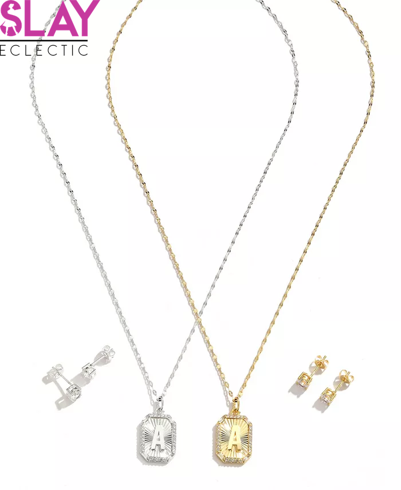 Cubic Zirconia Initial Pendant Necklace and Stud Earring Set