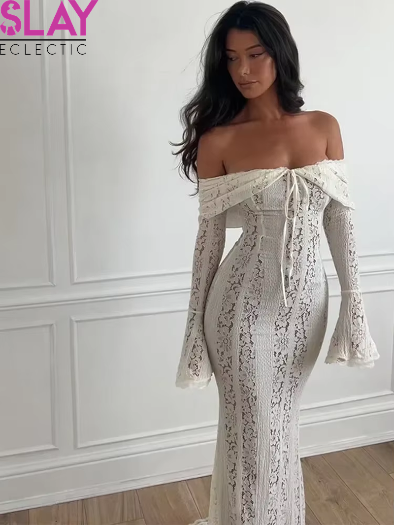 Sexy Lace Flare Sleeve Dress White off Shoulder Slim Maxi Dresses 2024 Women Female Hollow Out Mermaid Floor Length Elegant Robe