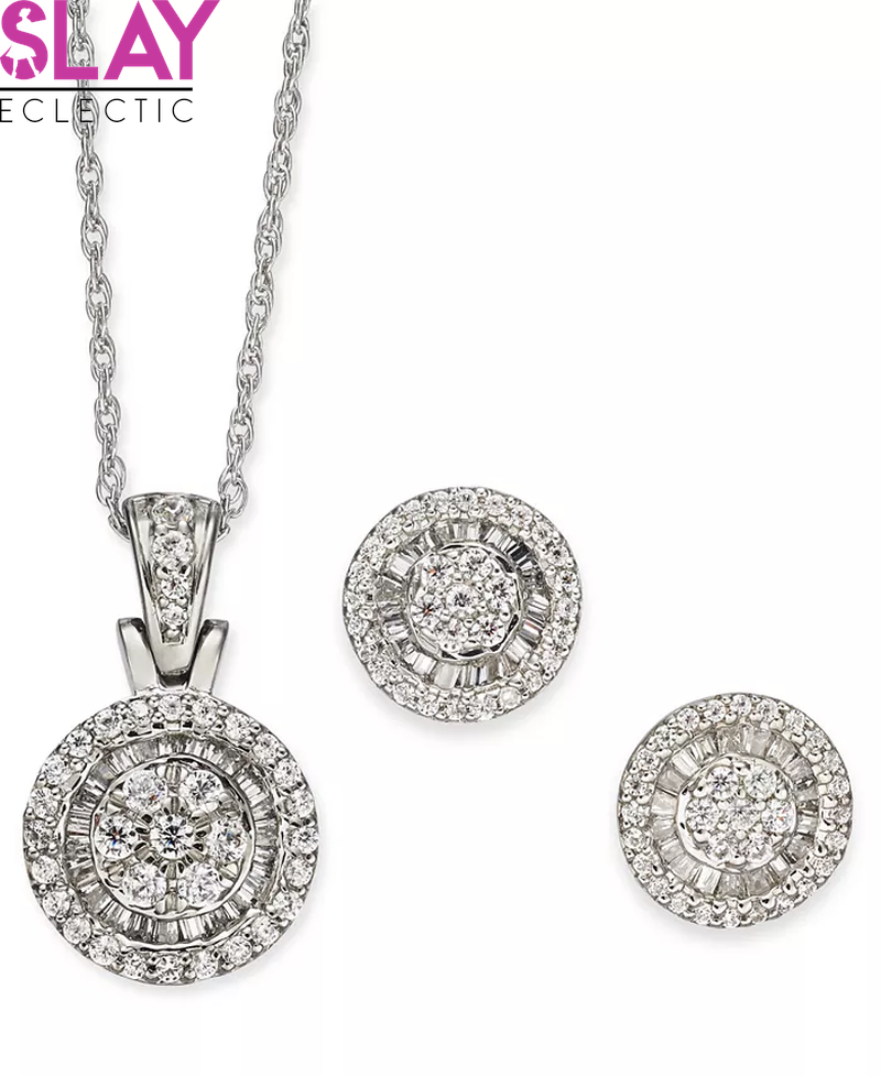 2-Pc. Set Diamond Halo Heart Cluster Pendant Necklace & Matching Stud Earrings (1 Ct. T.W.) in 10K White Gold (Also in round & Square)