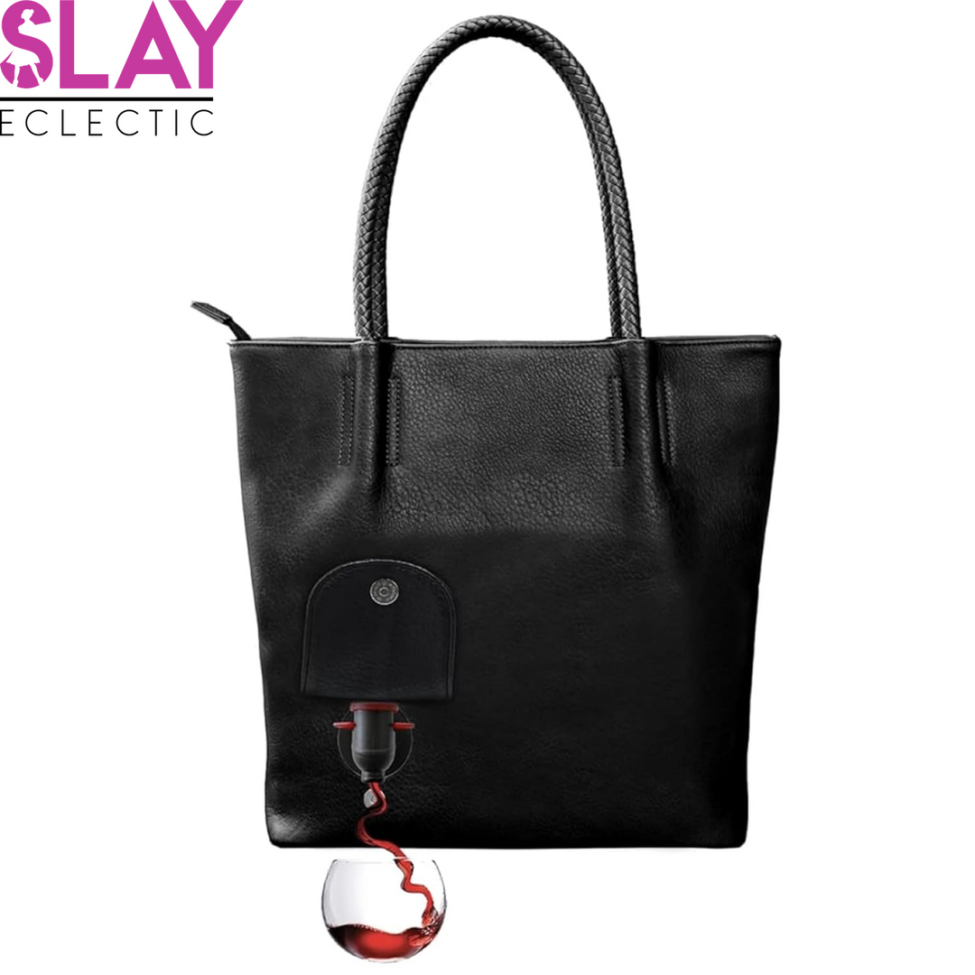 Vegan Leather Tote Bag with Hidden Insulated Flask Compartment and Dispenser with Spout That Holds 2 Bottles of Wine 1.5L (50Oz)! Perfect for Traveling, Concerts, Bachelorette Party!