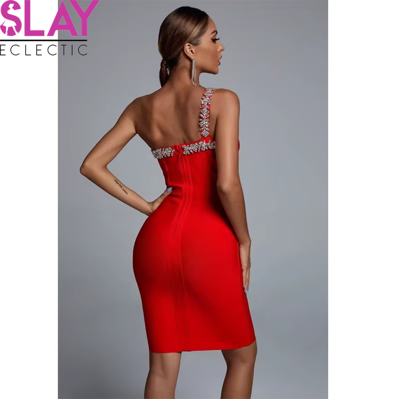 Summer Sleeveless Backless Diamond One Shoulder Diamond Mini Bandage Bodycon Celebrity Nightclub Party Women'S Sling Dresses