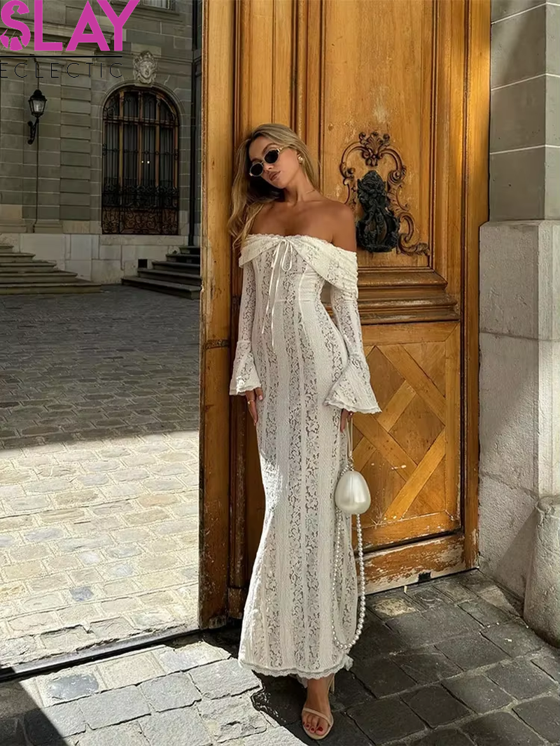 Sexy Lace Flare Sleeve Dress White off Shoulder Slim Maxi Dresses 2024 Women Female Hollow Out Mermaid Floor Length Elegant Robe