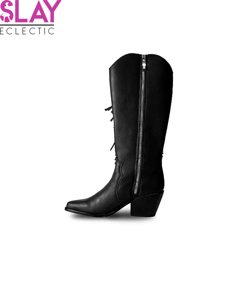 Chic Black Knee-High Leather Boots with Stylish Side Fringe-Slay Eclectic